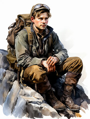 A man in hiking gear rests on top of a mountain. Watercolor illustration for a story about the profession of a geologist.