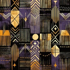 Gold, lavender, and charcoal seamless African pattern, tribal motifs grunge texture on textile