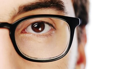Man, portrait and glasses or closeup for eye sight wellness for reading optometrist for prescription, white background or vision. Male person, mockup space and eyewear frame, studio or improvement
