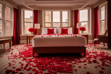 Red rose petals on bed in hotel bedroom, Valentine's day concept