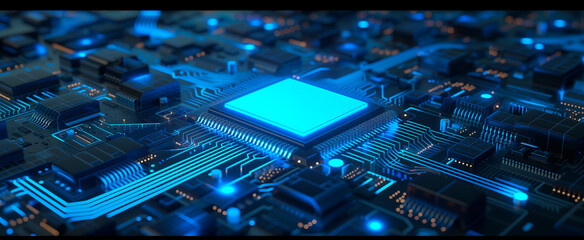 a circuit board with blue lights, in the style of octane render, iconic, henri le fauconnier, sharp and angular, photorealistic rendering. - 720717052