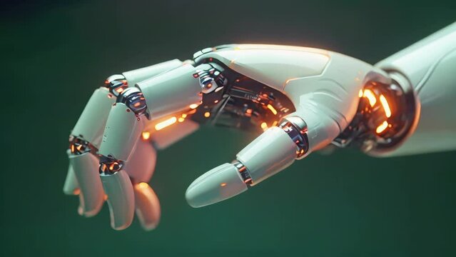 Robot ot humanoid hand on dark green background with warm light. Prothesis medicine. Artificial intelligence AI era, robotisation 