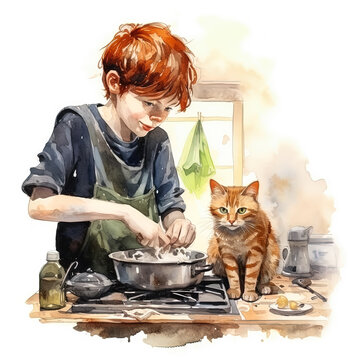 watercolor vintage illustration for a children's book about two friends - a boy and a cat. A boy cooking in the kitchen.