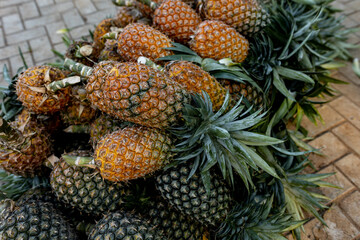 Ripe pineapples at the local farmer's market, lying in a pile on the floor - 720717806