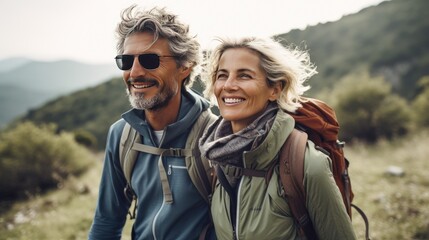 Middle age couple hiking - obrazy, fototapety, plakaty