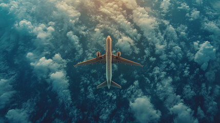 Aeroplane shot from above in the sky with clouds