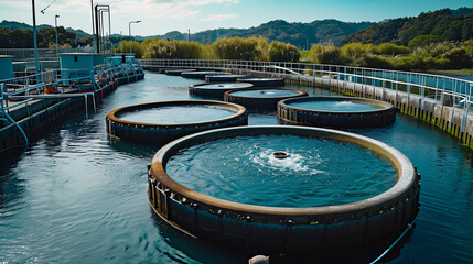 Aquaculture factory circular containers outside in the land