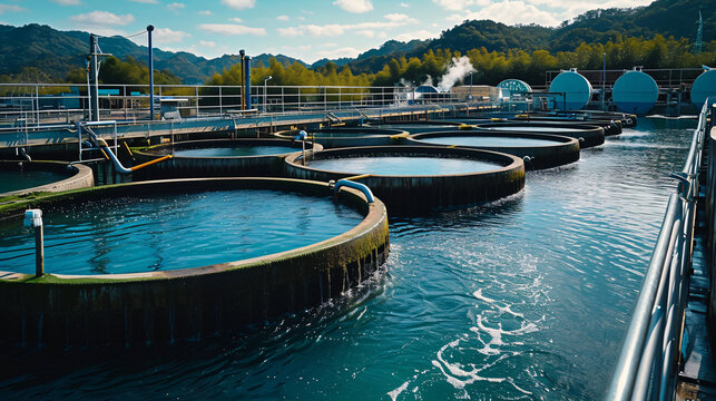 Aquaculture factory circular containers outside in the land