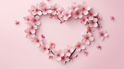 Obraz premium a serene Valentine's Day background featuring a wreath crafted from delicate pink flowers and adorned with hearts on a pastel pink backdrop, conveying a romantic ambiance.