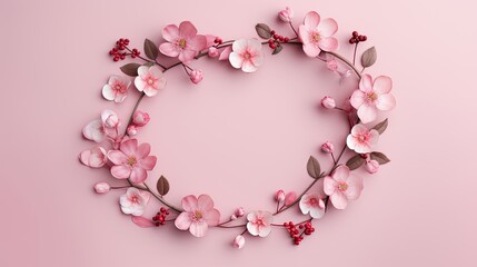 Obraz premium a serene Valentine's Day background featuring a wreath crafted from delicate pink flowers and adorned with hearts on a pastel pink backdrop, conveying a romantic ambiance.
