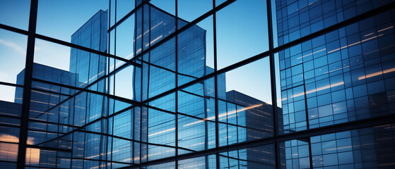 Contemporary skyscraper adorned with a multitude of windows reflecting the ethereal sky above, creating an abstract, geometric spectacle. Glass mirror facade reflection. Abstract background design