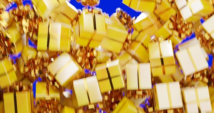 Yellow gift boxes with ribbons fall, covering the entire blue screen. Video transition
