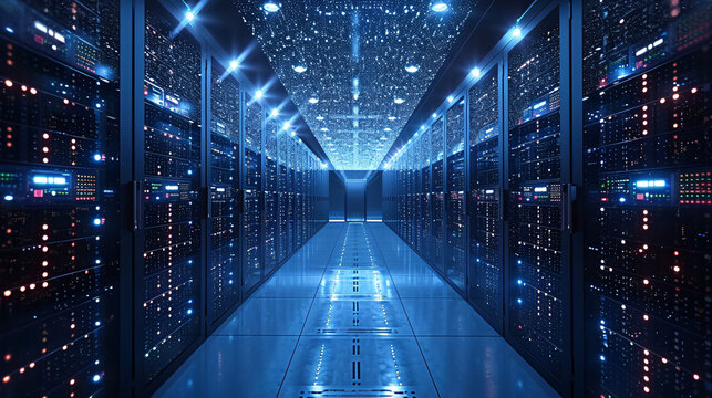 Futuristic rack Servers and Supercomputers in the Server room