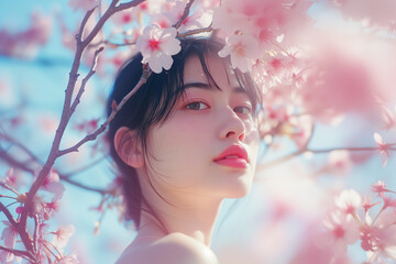 桜と女性、春