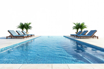 Fototapeta na wymiar Blue Swimming Pool with Lounge Chairs Isolated on White Background. Tranquility by the Hotel Pool