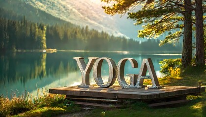 Yoga motif with the lettering Relax, mountains, sea, lake calm, silence, relaxation