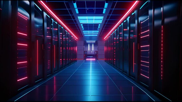 Server room in a modern office of a technology company. Development of a quantum computer. Science, technology, big data and blockchain concept.