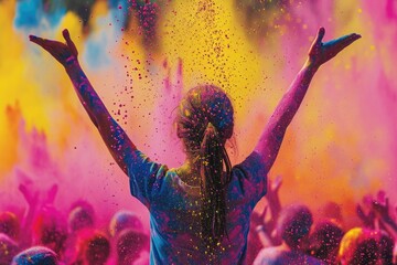 Person celebrating at a vibrant color festival, arms raised in joy.