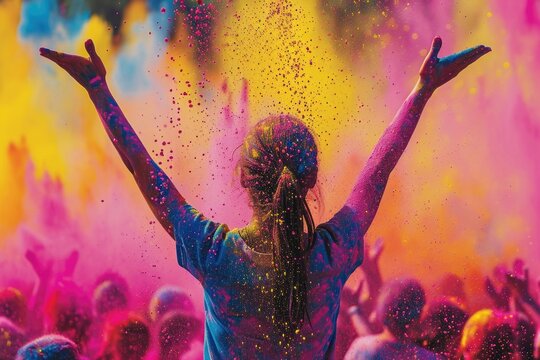 Person celebrating at a vibrant color festival, arms raised in joy.