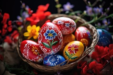 Fototapeta premium Multicolored Easter eggs arranged neatly in a basket, set against the backdrop of spring blooms, evoking a lively and celebratory ambiance