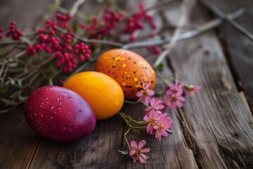 Obraz na płótnie Canvas Easter Eggs with Spring Flowers on Wooden Background