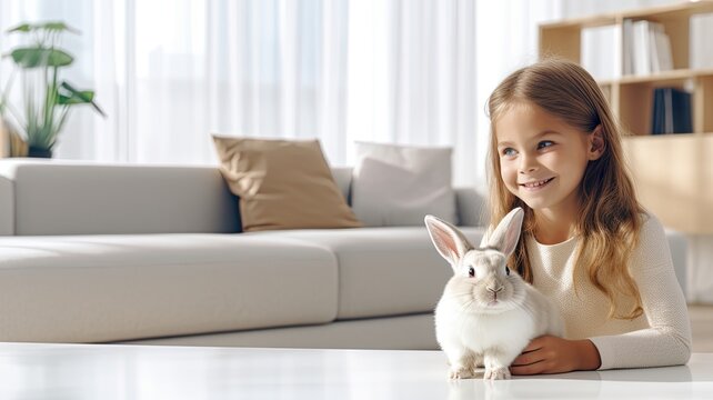 a little girl holding an Easter bunny in a modern, minimalist living room, emphasizing the contrast of tradition and contemporary style.