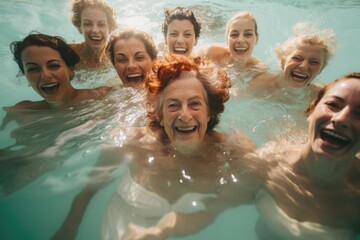 Poolside moment: a diverse assembly of European women, spanning generations, enjoying aquatic relaxation