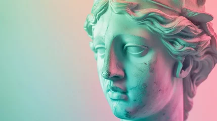 Rolgordijnen Oud gebouw Sculpture of an abstract greek deity, done in the pastel gradient pink and green background colors, close up, copy space, Generative AI.
