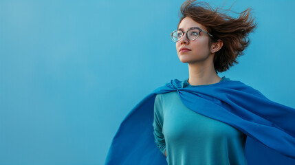 Brave woman keeps arms on hips, smiling confident, casting a superhero with blue cape .Ambition and business success concept. Leadership hero power, motivation and inner strength symbol, copy space