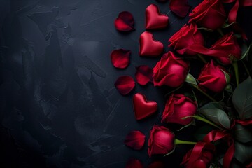 Red Roses and Heart-Shaped Petals on Dark Background