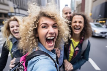 City Streets and Smiles: A woman shares smiles with her friends as they take a selfie on a bustling street, blending laughter and urban charm