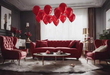 Valentine's Day balloons ring red room living armchairs engagement Interior