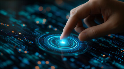 Delve Into a Digital Universe: A User Activates a Warp Button on a Futuristic Computer Interface