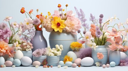 a festive Easter background featuring a variety of beautifully decorated Easter eggs surrounded by an assortment of blooming flowers.