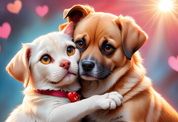 Two cute pets hugging on a pink background with hearts illustration for Valentine's day. Dogs in sunlight