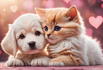 Two cute pets hugging on a pink background with hearts illustration for Valentine's day. Dog and cat