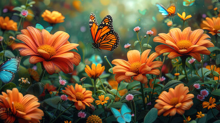 A drawing where colorful butterflies and lively insects fly around bright flow - obrazy, fototapety, plakaty