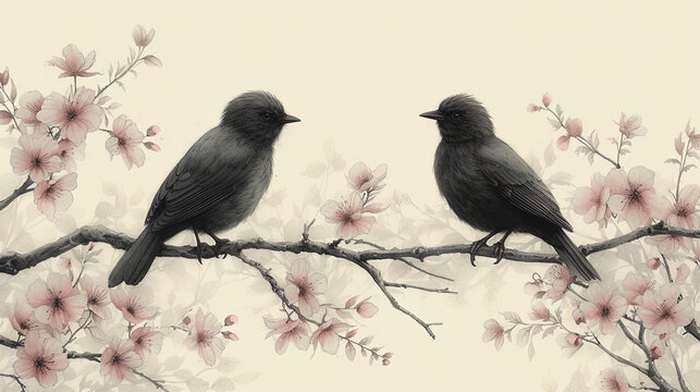 A drawing that depicts joyful bird silhouettes that fill the spring forest with pleasant musical sound