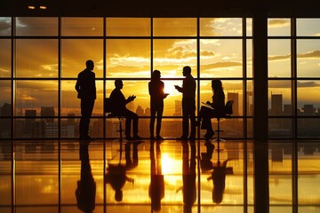 A group of five professionals in a contemporary office, silhouetted against a sunset window. Reflective floor. Corporate discussion implied