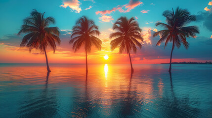 Fototapeta na wymiar A photograph of palm trees before sunset in a beautiful color palet