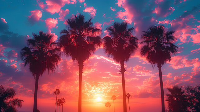 A photograph of palm trees before sunset in a beautiful color pal