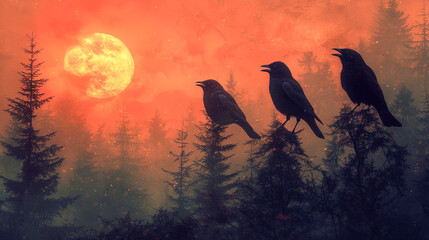 A picture with bird silhouettes, creating a fun atmosphere in the forest and singing melodi