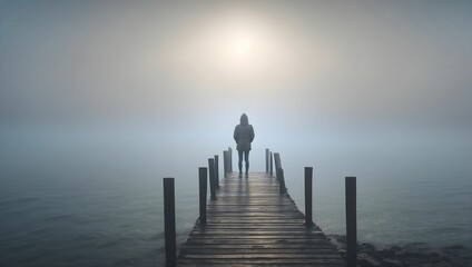 Person standing alone on a foggy pier, looking out at the sea, shrouded in mist, 4k. generative AI - obrazy, fototapety, plakaty