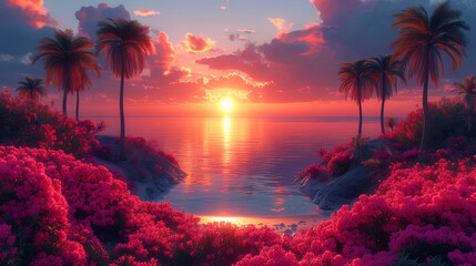 Landscape with palm trees, sea and sunset sky in a beautiful palette of flow