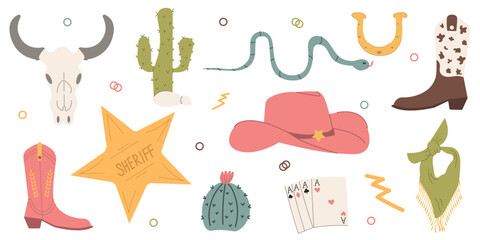 Wild West set. Flat design set with cowboy hat, boots, cactus, snake, cow skull, horseshoe, cards, lightning.