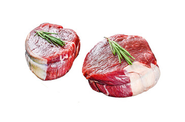 Two pieces of thin steak cut from the tenderloin.  Isolated, Transparent background. 