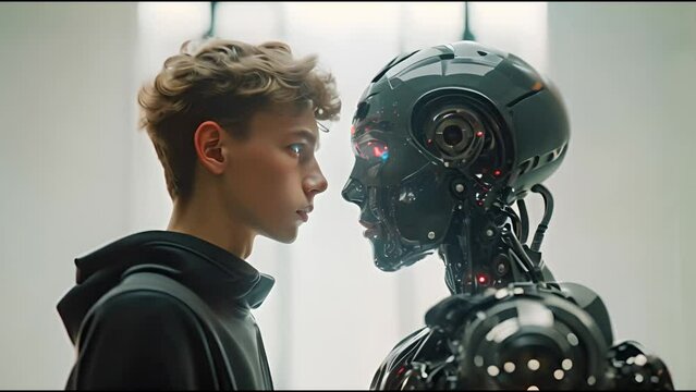 Side view of young man or teenager boy in front of a robot humanoid with red eyes. Coexisting, gen z and gen alpha with ai