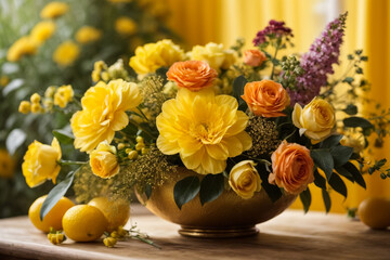 "Sunny Floral Bliss: Spring Yellow Background Arrangement"