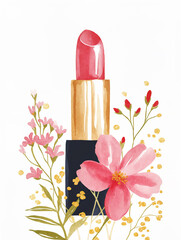 Pink lipstick in style of black and gold, with the flowers, watercolor fashion illustration - 720725245