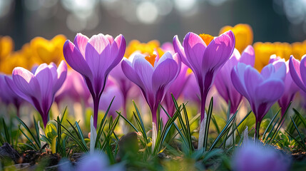 Tender petals of spring crocus bloom in purple and snow white shades, as if creating a carpet of flowers on the groun